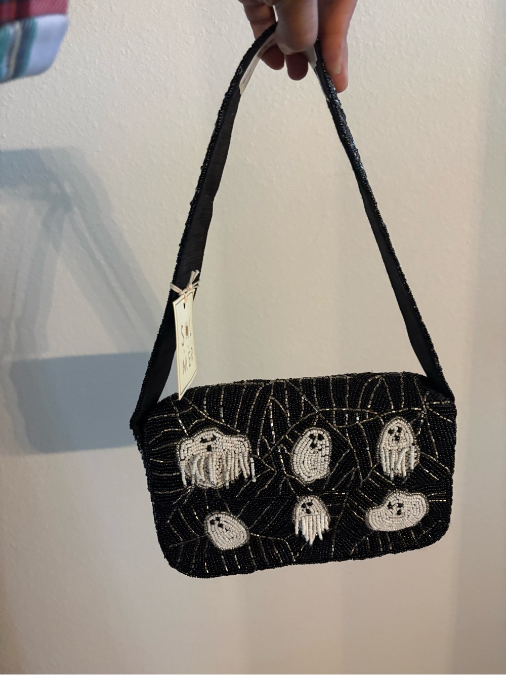 Black Beaded Ghost Accent Shoulder Bag